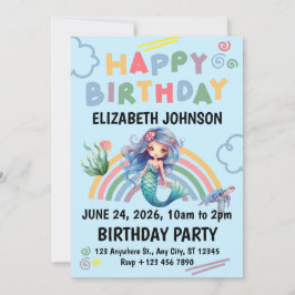 Blue Mermaid Birthday Party Invitation in Blue 招待状