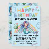 Blue Mermaid Birthday Party Invitation in Blue 招待状 (正面/裏面)