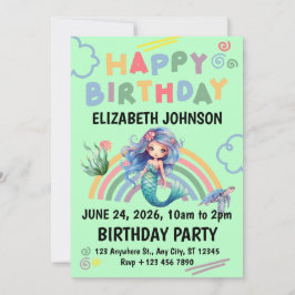 Blue Mermaid Birthday Party Invitation in Green 招待状