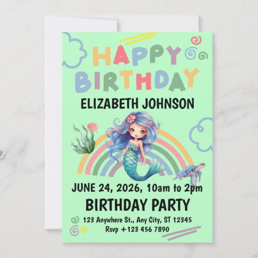 Blue Mermaid Birthday Party Invitation in Green 招待状 (正面)