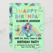 Blue Mermaid Birthday Party Invitation in Green 招待状 (正面/裏面)