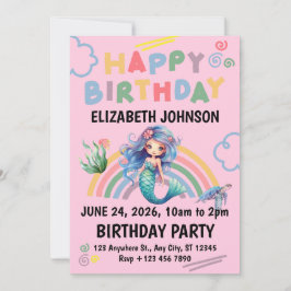 Blue Mermaid Birthday Party Invitation in Pink 招待状