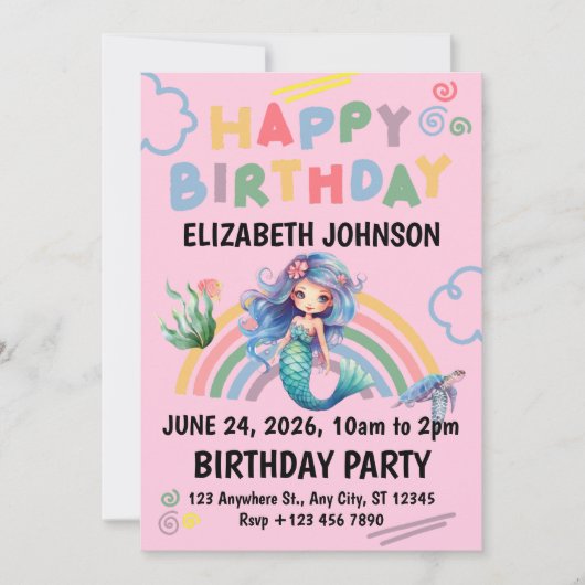 Blue Mermaid Birthday Party Invitation in Pink 招待状 (正面)