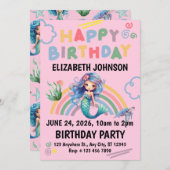 Blue Mermaid Birthday Party Invitation in Pink 招待状 (正面/裏面)