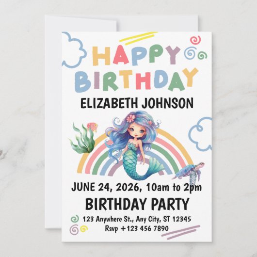 Blue Mermaid Birthday Party Invitation in White 招待状 (正面)
