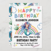 Blue Mermaid Birthday Party Invitation in White 招待状 (正面/裏面)