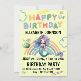 Blue Mermaid Birthday Party Invitation in Yellow 招待状