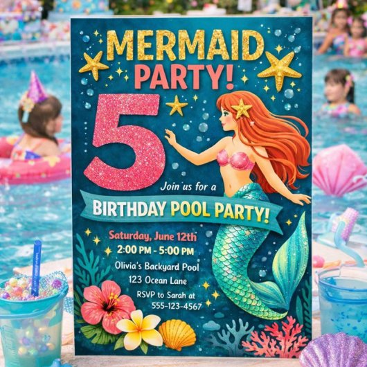 Blue Mermaid Fifth Birthday Invitation 招待状