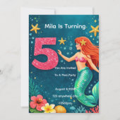 Blue Mermaid Fifth Birthday Invitation 招待状 (正面)