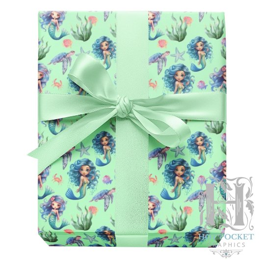 Blue Mermaids Gift Wrapping Paper in Green ラッピングペーパー