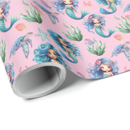 Blue Mermaids Gift Wrapping Paper in Pink ラッピングペーパー