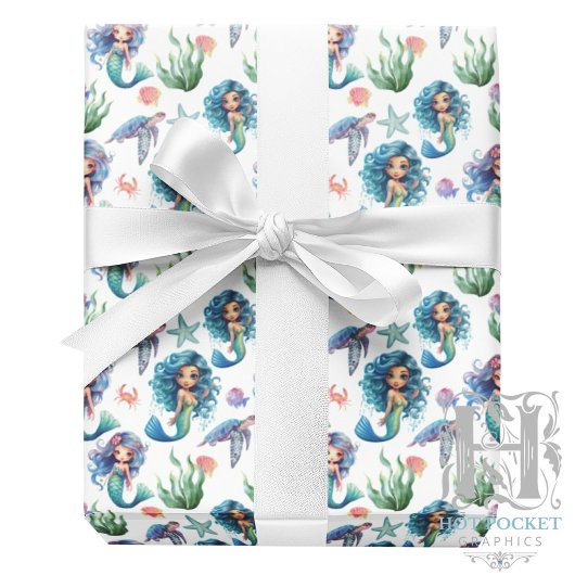 Blue Mermaids Gift Wrapping Paper in White ラッピングペーパー