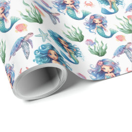 Blue Mermaids Gift Wrapping Paper in White ラッピングペーパー