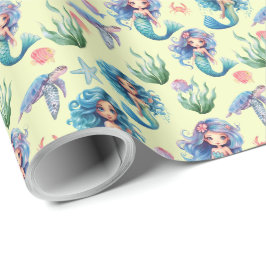 Blue Mermaids Gift Wrapping Paper in Yellow ラッピングペーパー