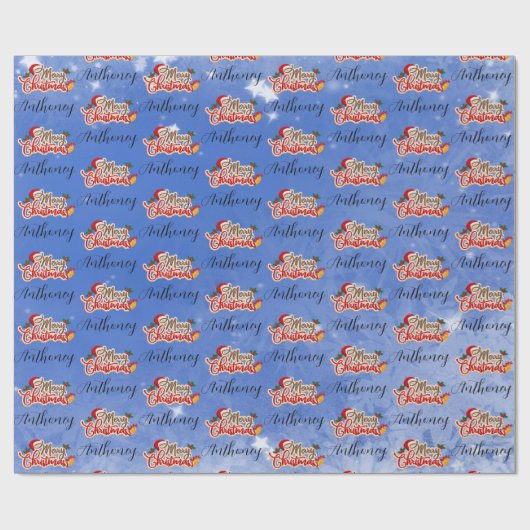 Blue Merry Christmas Script Customized Name ラッピングペーパー (フラット)