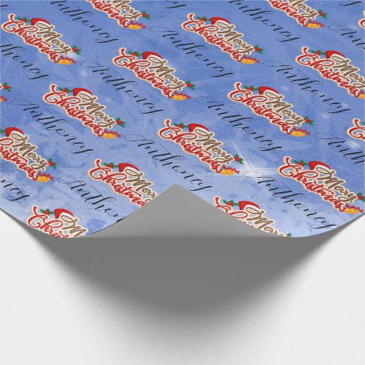 Blue Merry Christmas Script Customized Name ラッピングペーパー (角)