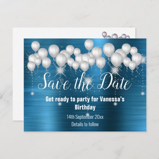 BLUE METALLIC BALLOON SAVE THE DATEすべての行事 案内ポストカード (正面/裏面)