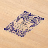 Blue Mexican Birds Otomi Floral Fiesta Wedding アクリル招待状 (レイダウン)