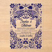 Blue Mexican Birds Otomi Floral Fiesta Wedding アクリル招待状 (正面)
