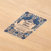Blue Mexican Birds Otomi Floral Fiesta Wedding アクリル招待状 (レイダウン)