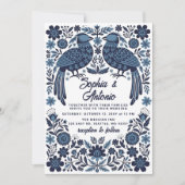 Blue Mexican Birds Otomi Floral Fiesta Wedding 招待状 (正面)
