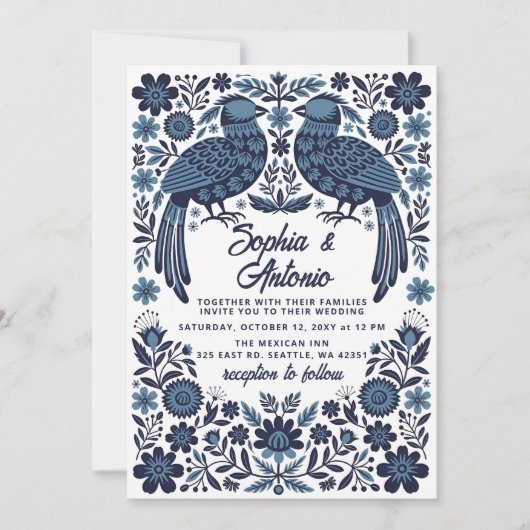 Blue Mexican Birds Otomi Floral Fiesta Wedding 招待状 (正面)