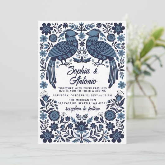 Blue Mexican Birds Otomi Floral Fiesta Wedding 招待状 (スタンド正面)