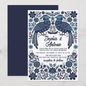 Blue Mexican Birds Otomi Floral Fiesta Wedding 招待状 (正面/裏面)