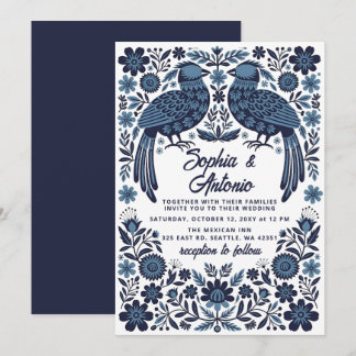 Blue Mexican Birds Otomi Floral Fiesta Wedding 招待状