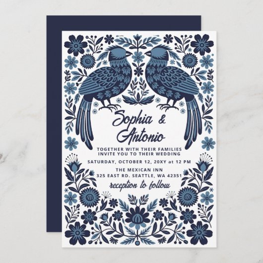Blue Mexican Birds Otomi Floral Fiesta Wedding 招待状 (正面/裏面)