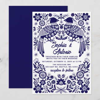 Blue Mexican Birds Otomi Floral Fiesta Wedding 招待状