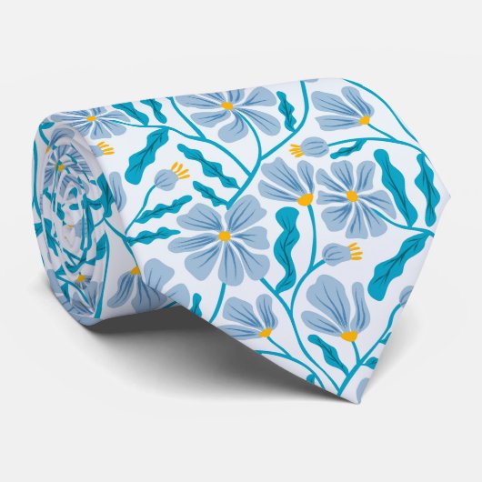 Blue Mid-Century Modern Floral Pattern ネクタイ (ロール)