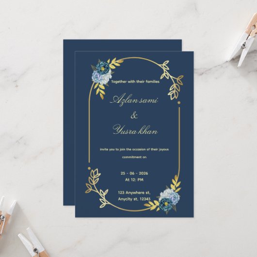Blue minimalist Muslim wedding invitation Editable 招待状 (正面/裏面インサイチュ)