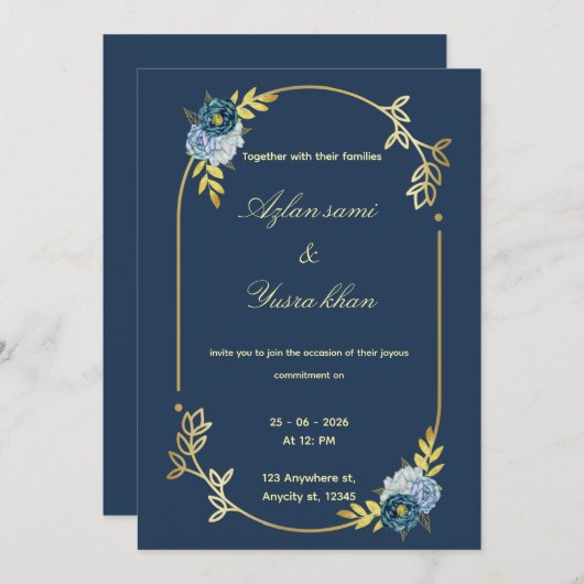 Blue minimalist Muslim wedding invitation Editable 招待状 (正面/裏面)