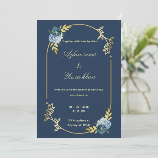 Blue minimalist Muslim wedding invitation Editable 招待状 (スタンド正面)