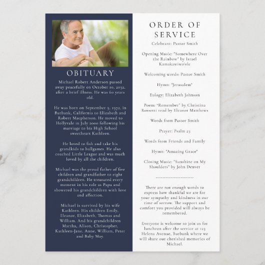 Blue Minimalist Photo Memorial Service Program 招待状 (裏面)