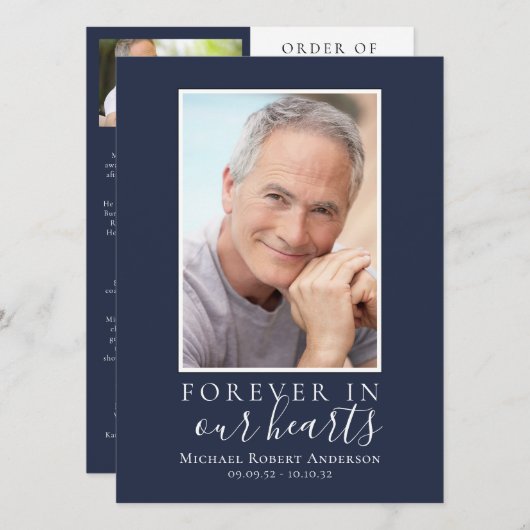 Blue Minimalist Photo Memorial Service Program 招待状 (正面/裏面)