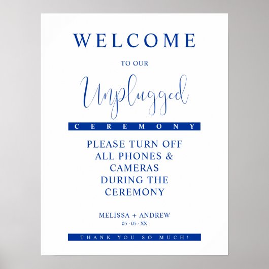 Blue Minimalist Unplugged Wedding Sign ポスター (正面)