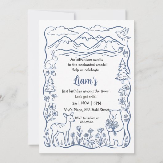 Blue Minimalist Woodland Forest Animal Birthday 招待状 (正面)
