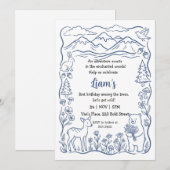 Blue Minimalist Woodland Forest Animal Birthday 招待状 (正面/裏面)