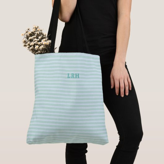 Blue Mint Stripe Classic Monogram Initials トートバッグ (クローズアップ)