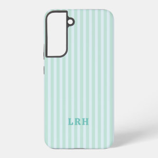 Blue Mint Stripe Vintage Tiny Initials Monogram Samsung Galaxy S22+ケース