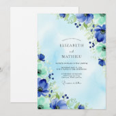 Blue Mint Watercolor Spring Wedding 招待状 (正面/裏面)