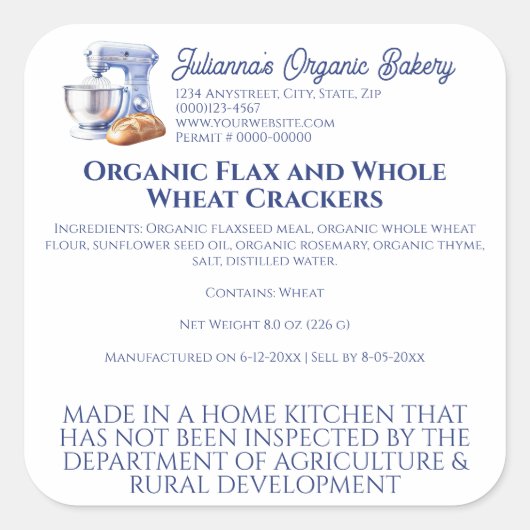 Blue Mixer Bread Bakery Pastry Chef Food Product スクエアシール (正面)