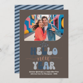 Blue Mocha Hello New Year Blue Retro Photo シーズンカード