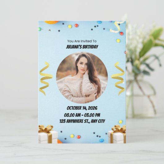 Blue Modern Birthday Party Invitation 招待状 (スタンド正面)