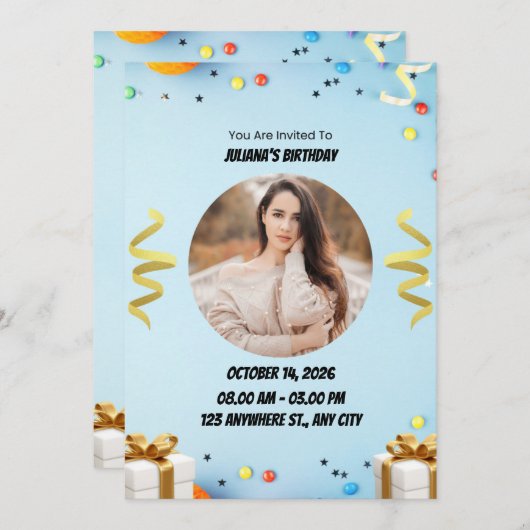 Blue Modern Birthday Party Invitation 招待状 (正面/裏面)