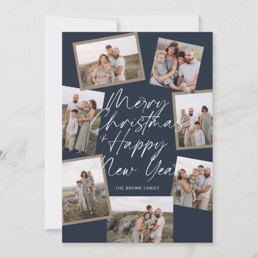 Blue Modern Boho 8 Photo Collage Christmas  シーズンカード (正面)