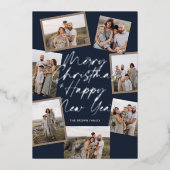 Blue Modern Boho 8 Photo Collage Christmas  箔シーズンカード (正面)