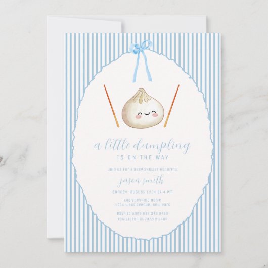 Blue Modern Boy Bow Asian Dumpling Baby Shower  招待状 (正面)